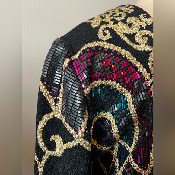 St. John by Marie Gray Evenings Black Jacket Sz. 4 Gold Tassels/ Sequined - Picture 3 of 7